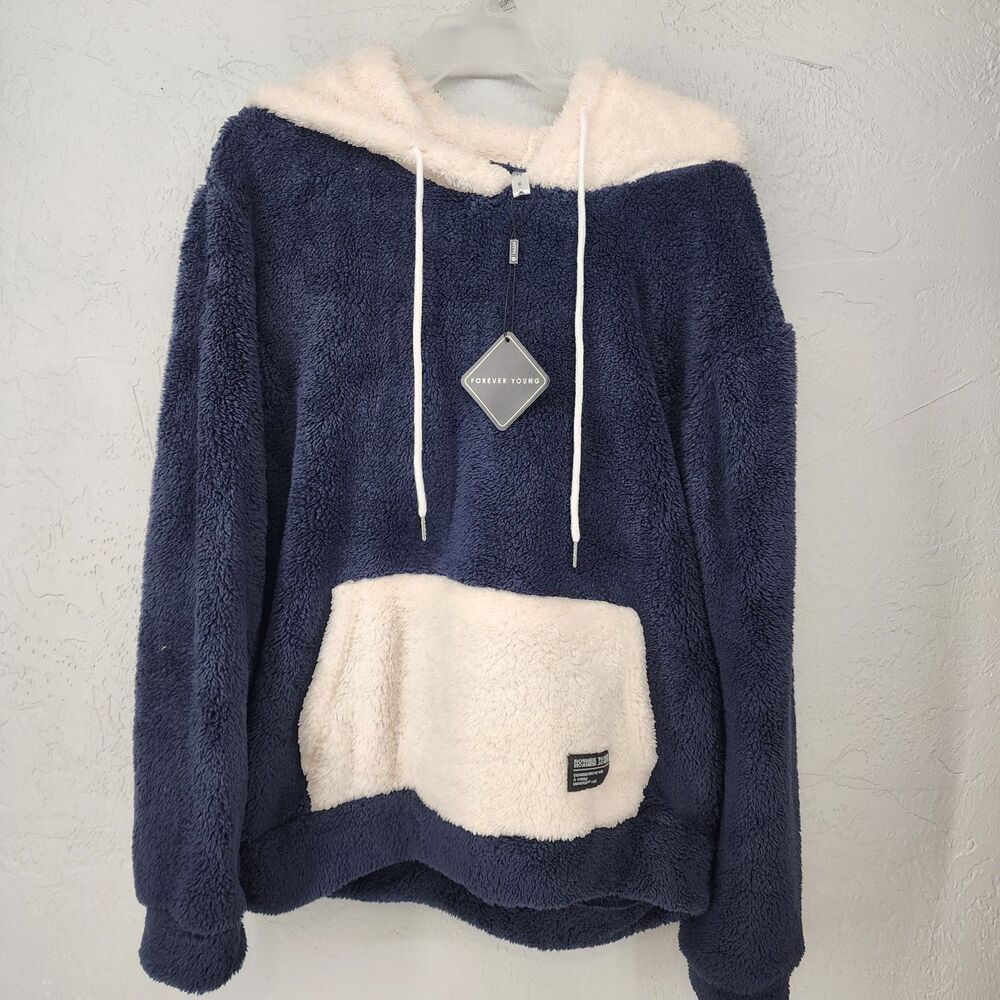 NWT Navy‎ Blue Cream Fuzzy Sherpa Hoodie Pullover Medium Forever Young Womens